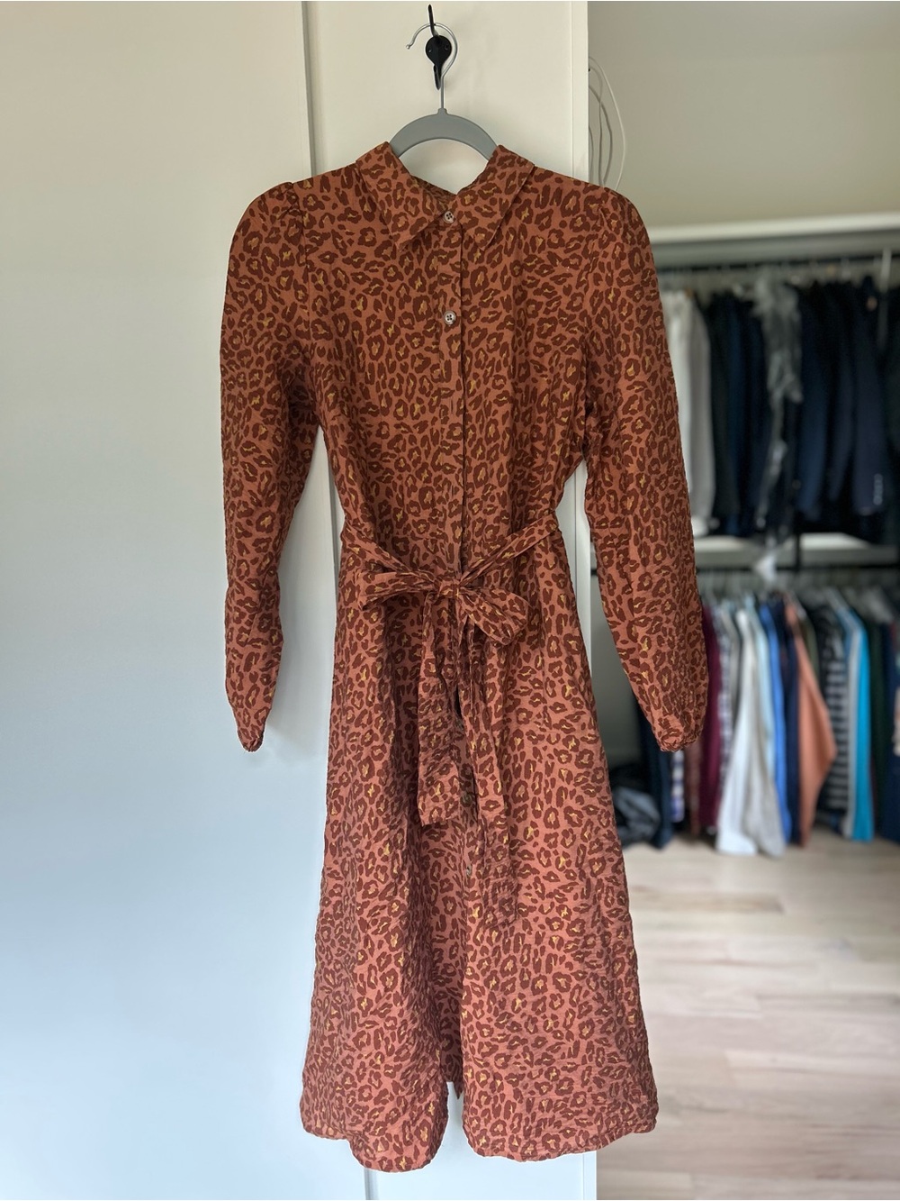 Nine West Rust Leopard-Print Long-Sleeve Tie-Waist Midi Dress